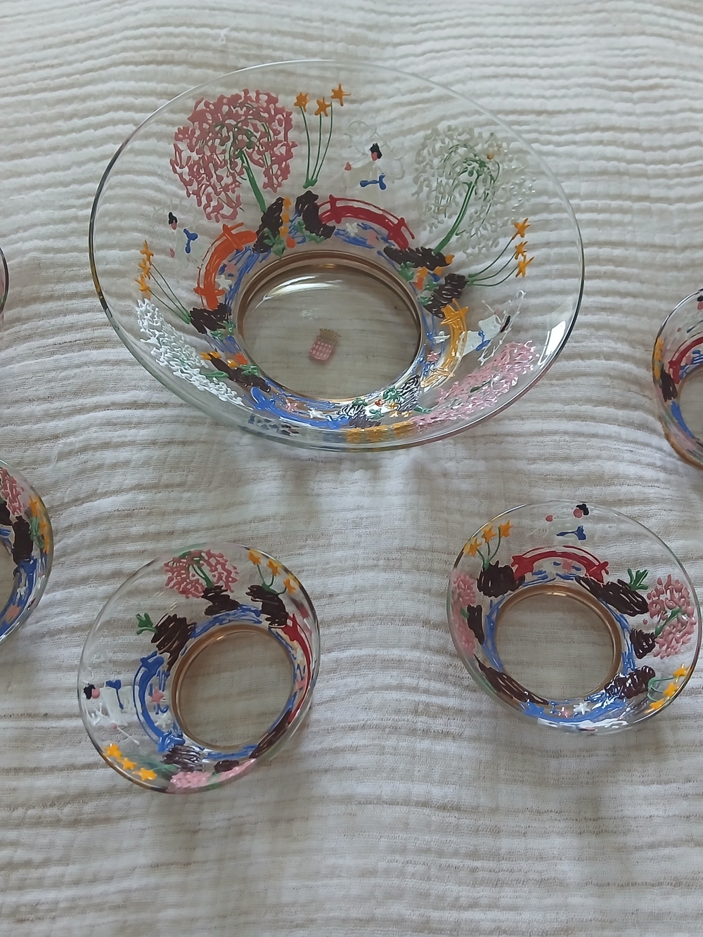 Mid-Century Monaco Monte Carlo Hand-Painted Glass Salad & Dessert Bowl Set